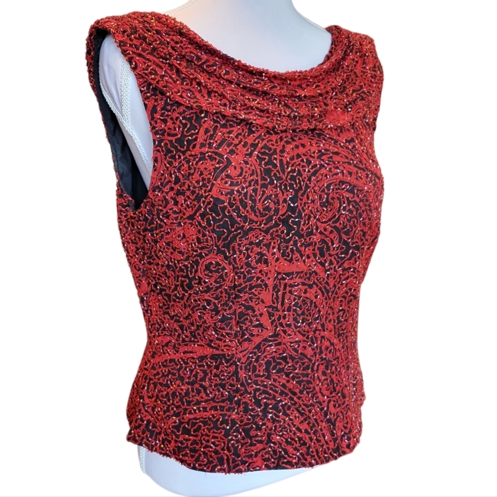 Vintage Y2K Andretta Donatello Red Black Paisley Beaded Silk Sleeveless Blouse - Picture 2 of 13